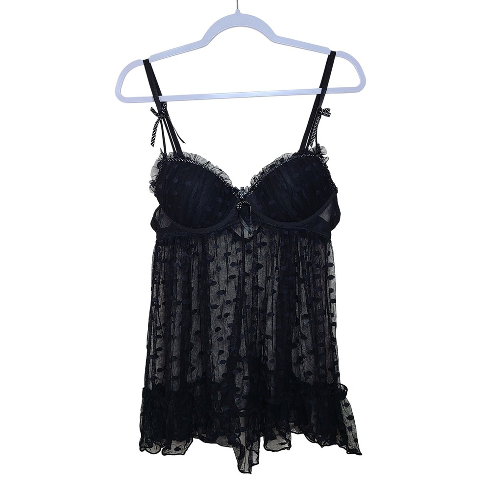 Fredericks of Hollywood Black Polka Dot Sheer Mesh Babydoll L‎ Parisian Pin Up